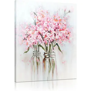 Pink Canvas Wall Art: Abstract Bouquet in Vase Artwork Prints for Teen Girl Bedroom Pink Floral Picture Poster Bathroom Decor 12" x 15"