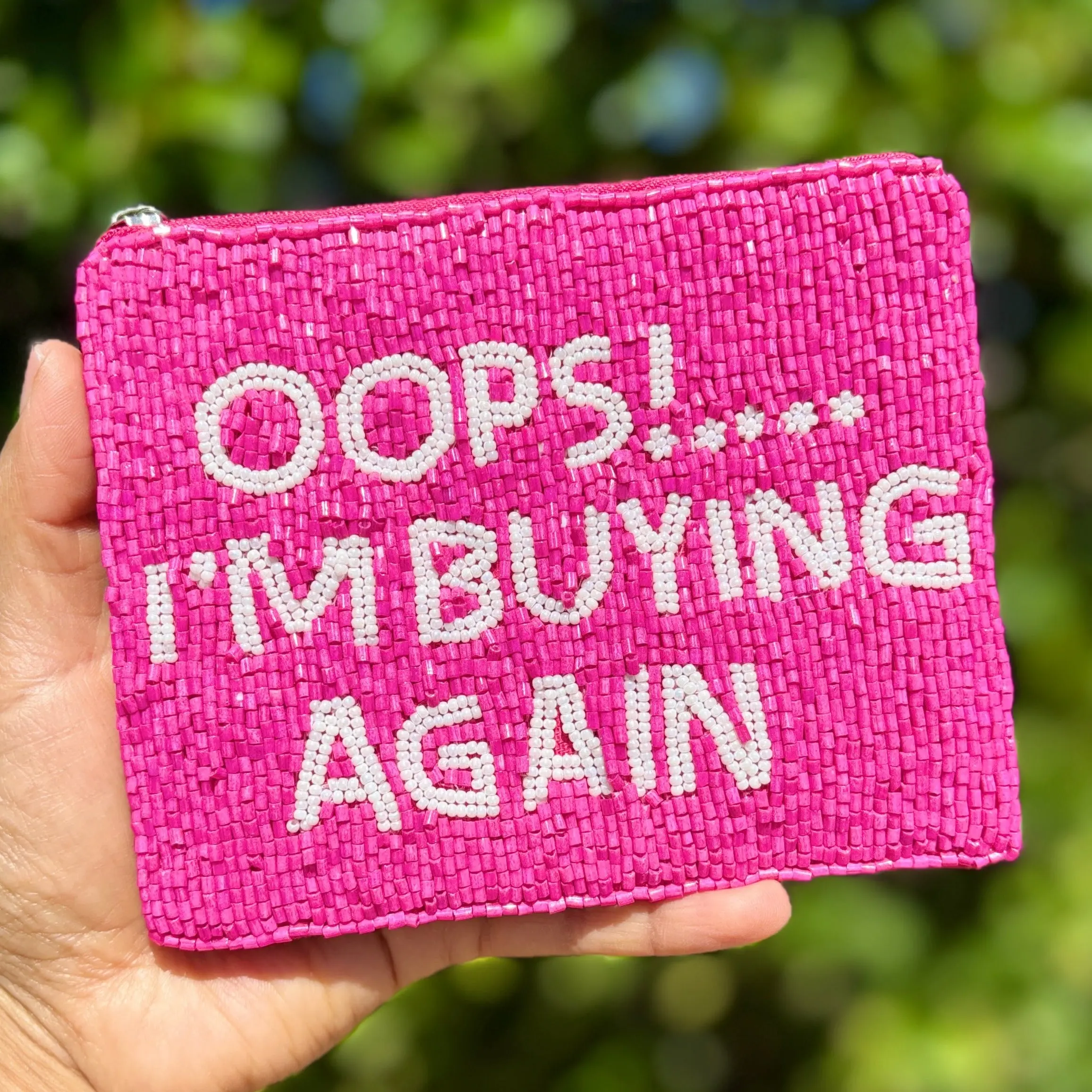 Twine and Love Women's Beaded Zip Wristlet Clutch Pouch - "Oops! I'm Buying Again" Themed Bag for Casual Use