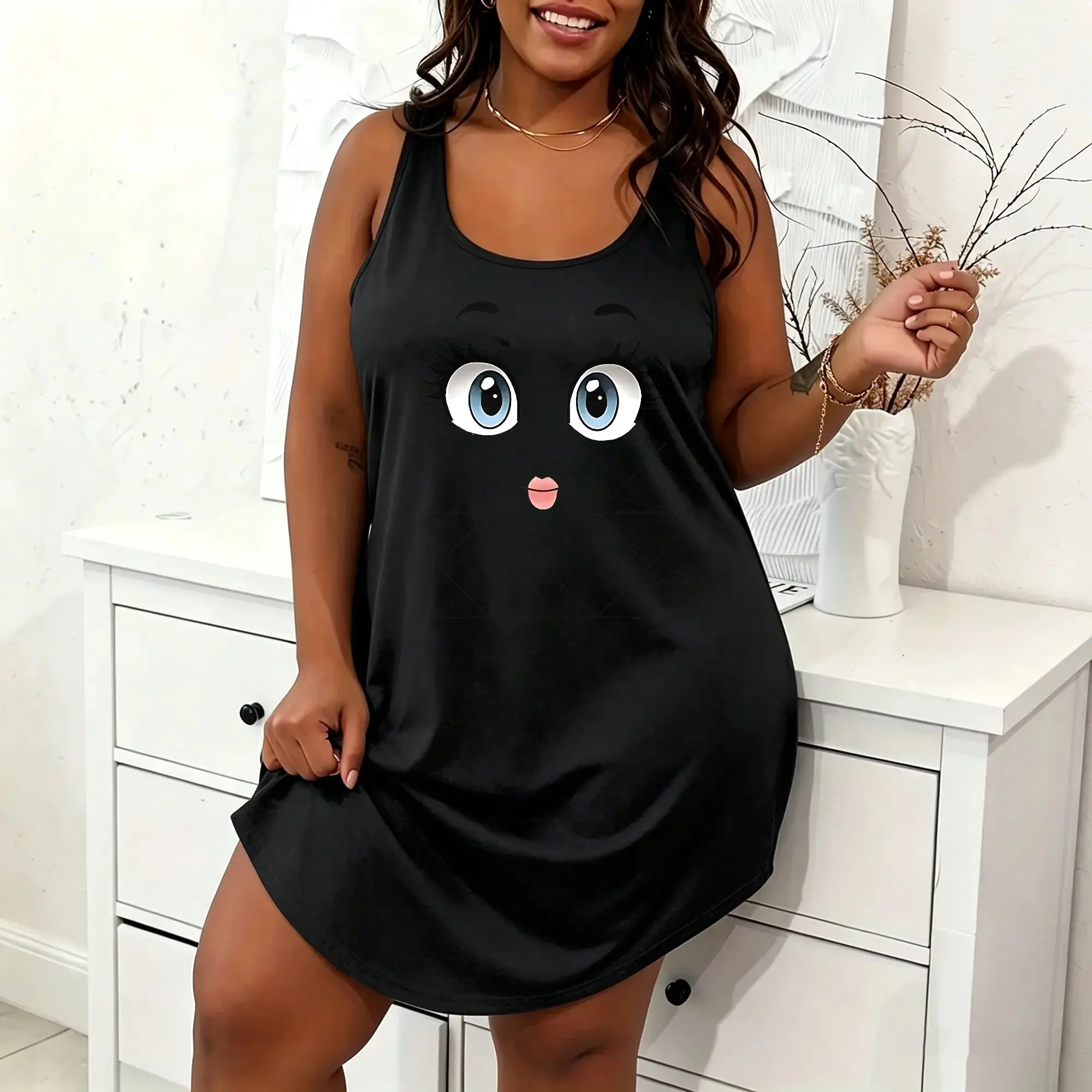 Plus Size Women Sleeveless Nightgown Cute Cartoon Big Face Print Loose Tank Sleep Dress Soft Casual Home Loungewear Nightshirt
