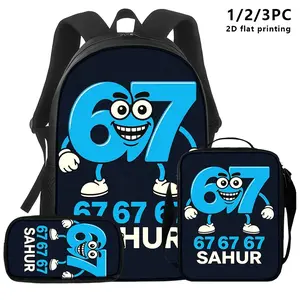 Cartoon "67 Sahur" 3PCS Backpack Set, Durable 600D Oxford Cloth School Bag with Lunch Box & Pencil Case Combo, Adjustable Breathable Strap, Fits 15in Laptop for Kids Teens School Travel Outdoor