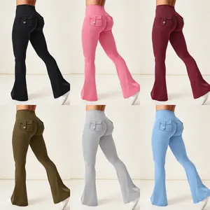 Women's Workout Flare Leggings with Pockets Hidden Scrunch High Waisted Cargo Gym Yoga No Front Seam Leggings Flared Joggers Fitness Outfit Camouflage Sports Pants 75% Nylon 25% Spandex