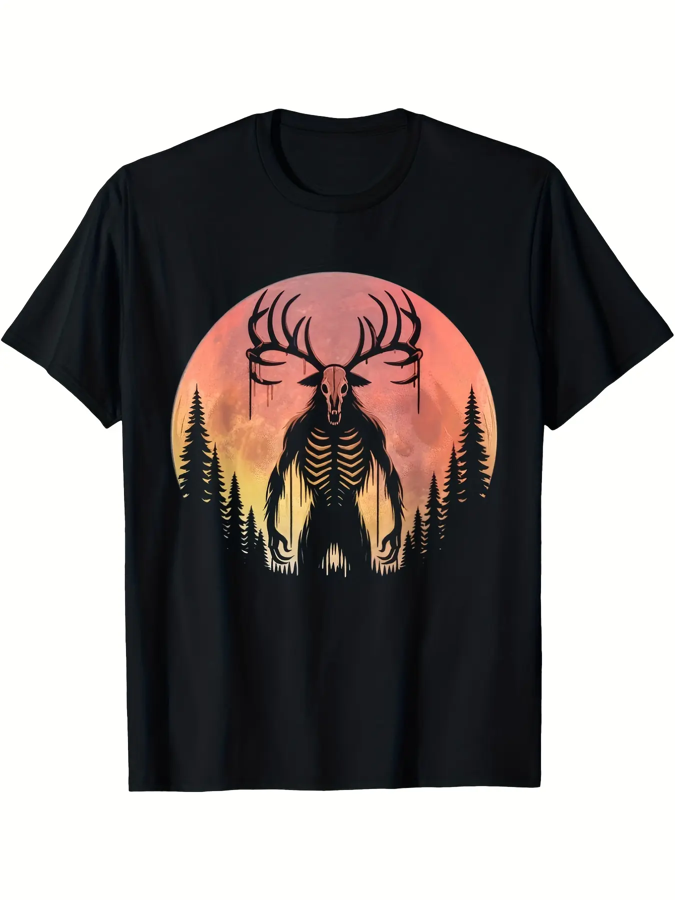 Men's Wendigo Monster T-Shirt -  Cotton Retro Cryptid Design with -like Forest & Pine Tree Print, All-Season Casual Crew Neck Tee for Gym, Outdoor Activities & Cryptozoology Fans (Black, DXH00319)