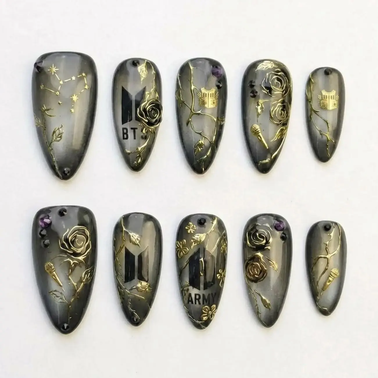BTS Army Inspired Press On Nails | K-Pop Nail Art, Red, Purple, Chrome
