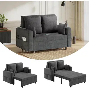 3 in 1 Pull Out Couch, 56 Inch Convertible Sleeper Sofa Bed, Loveseat Sofa Couch with Cup Holders, USB & Side Pocket, Modern Loveseat for Living Room, Bedroom, Includes Toss Pillows, Gray