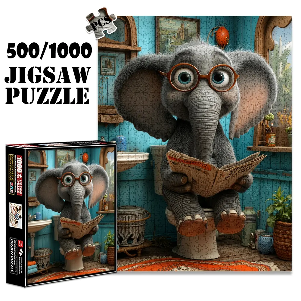 1pc 1000 piece adult puzzle 70x50cm Cute Cartoon Elephant Reading Newspaper on Toilet 500 pieces paper jigsaw puzzle suitable for DIY creative games for adults and families, birthday and holiday stre