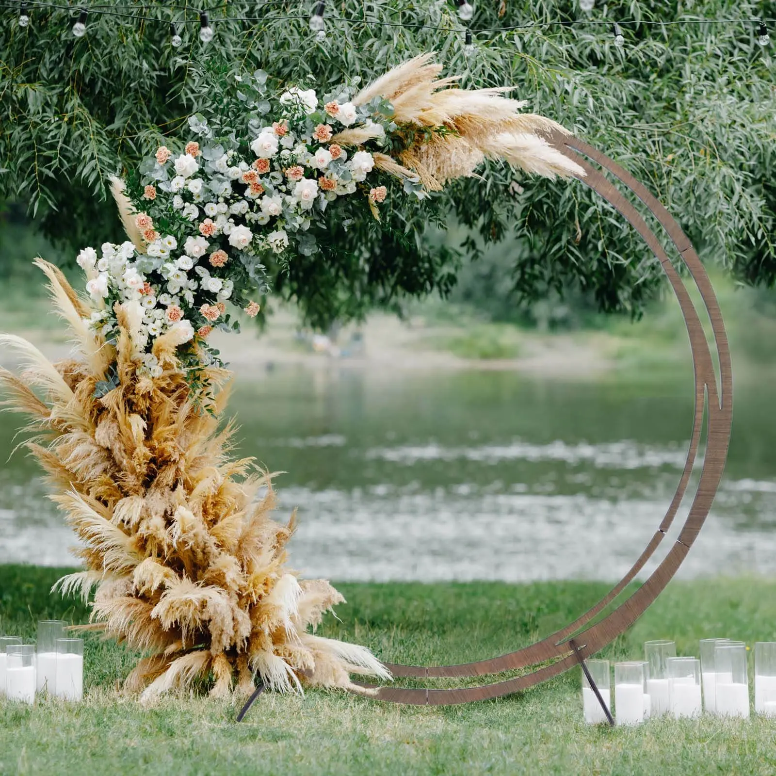 8ft Natural Brown Wooden Round Shape Event Arbor Backdrop Stand, Rustic DIY Kit Wedding Arch, 44in Adjustable Stand Festive Backdrops & Banners for Indoors Outdoor Party Decor