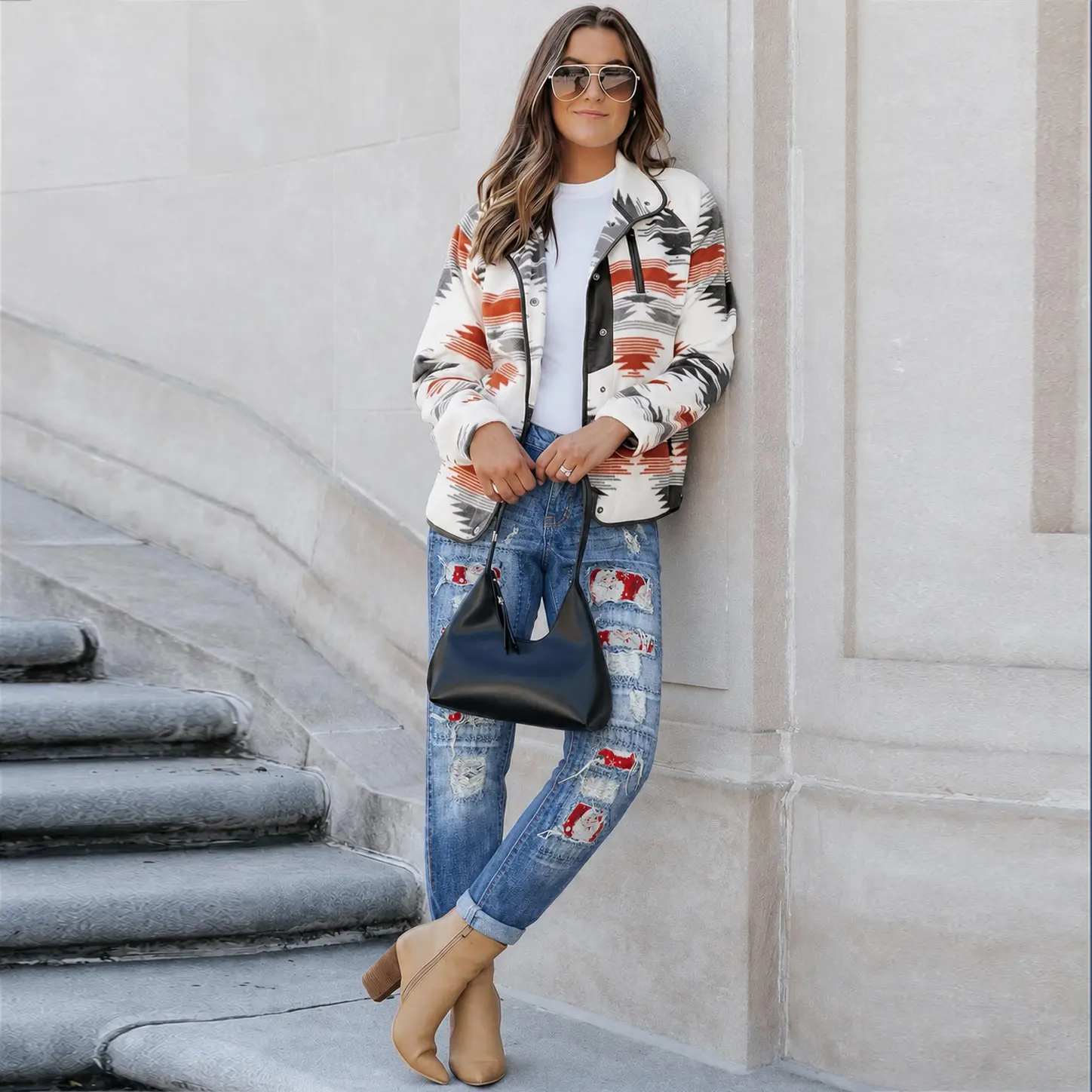 Women Christmas Santa Patch Ripped Jeans, Distressed Frayed Holes Denim Pants Holiday Streetwear