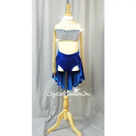 Royal Blue Velour and Nude Sheer Mesh Leotard with Back Skirt - Swarovski Rhinestones