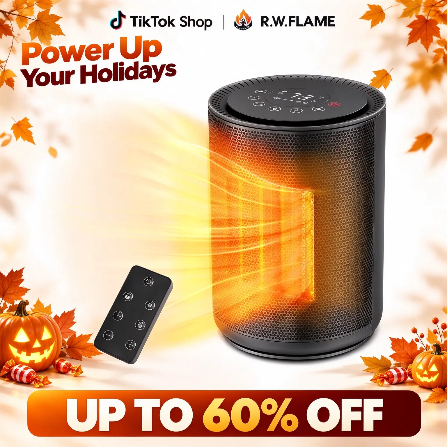 R.W.FLAME Compact 1500W ETL Certified Ceramic Space Heater - Corded Unit with High/Low Settings, Touch Controls, Flame-Resistant Design, Thermostat, Remote, 24H Timer, Eco Mode, Instant Quiet Heat for Office, Bedroom