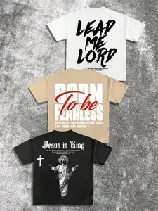 Men's Letter & Cross Print Round Neck Tee, Regular Fit Casual Streetwear Style Graphic Letters Print Short Sleeve T-shirt for Summer, Men's Top for Daily Wear, Tropical