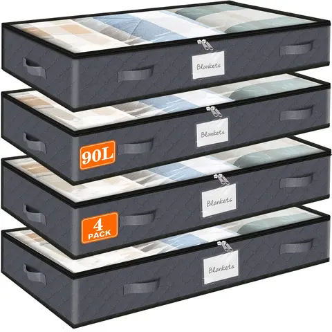 4-Pack Under Bed Storage Bags, 90L Plain Frameless Space-Saving Soft Fabric Containers - 39*20*7 Inches Bottomless Design, Double Zipper, Breathable Labeled Organizer for Dorm, Bedroom Bedding, Seasonal Clothing