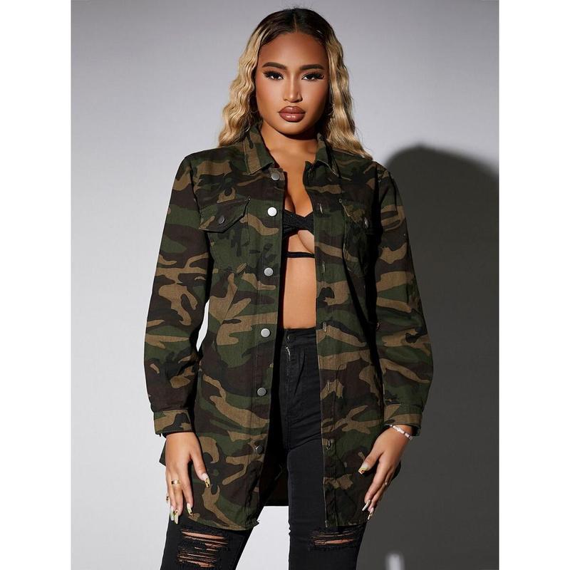 Women's Spring/Autumn Camouflage Printed Cargo Pocket Long Sleeve Casual Denim Jacket Cotton Fabric