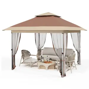 [FLASH SALE] Garvee 10'x10' Instant Pop Up Gazebo Canopy Tent - Waterproof & UV Protection with Mosquito Net & Curtains - Heavy Duty Steel Frame for Patio, Backyard, Camping, Brown&Khaki