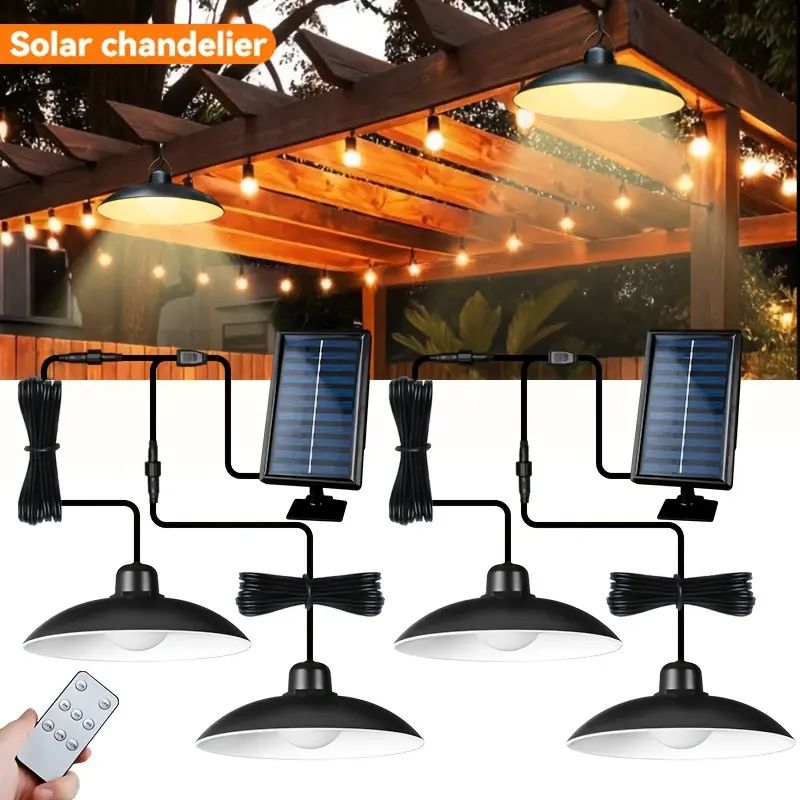 Solar Pendant Light, Solar Outdoor Light, Indoor Outdoor Rechargeable 2 Solar Powered LED Bulbs Shed Light Barn Lights with Remote Control Outdoor Solar Powered Security Flood Light for Wall Porch Shed Barn Garage Garden Patio
