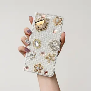 Chic Handmade White Pearl Bling Wallet Cellphone Casing - Protective Accessory with Card Holder, Chain, Protector for iPhone 16, 16 Plus, 15, 14, 13, 12, 11 Pro Max Smartphones