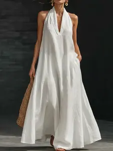 Effortless Vacay Linen-Look Maxi Dress - Wrinkle-Resistant Halter Slit Dress with Pockets