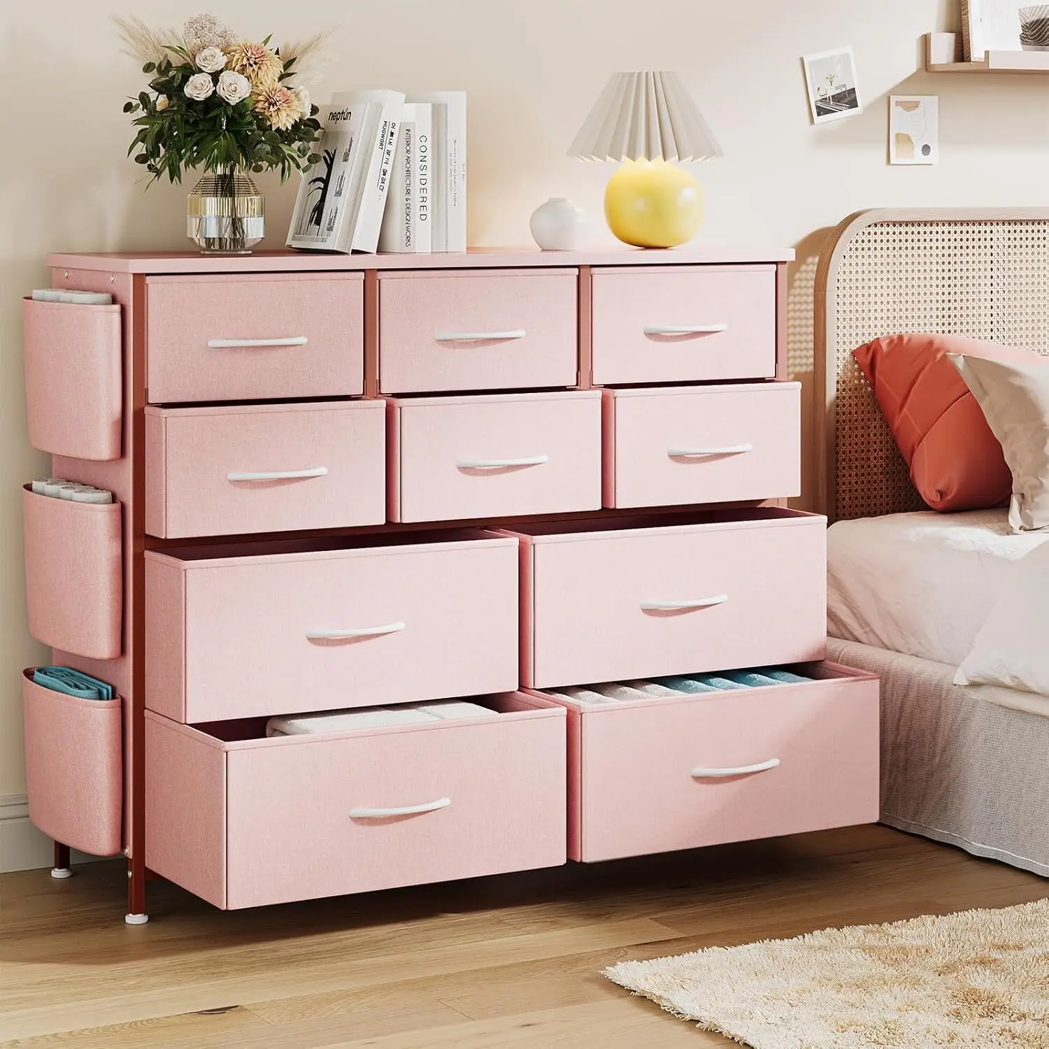 Fabric Dresser for Bedroom, Chest of Drawers with Side Pockets and Hooks, Sturdy Metal Frame, Storage Tower Drawers Organizer Unit Wardrobe Cabinet