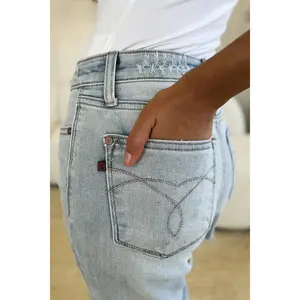 Full Size High Waist Distressed Straight Jeans, Basic Style Denim Spandex