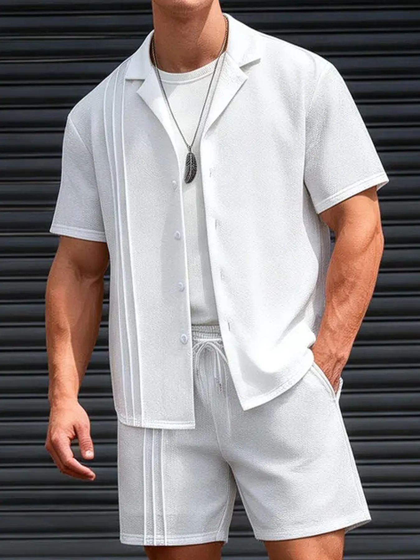 Men's White Textured Casual 2-Piece Pajama Loungewear Set - Lounge Pajamas, Camp Collar Shirt & Drawstring Shorts, Ultra-Soft Breathable Fabric, Relaxed Fit, Homewear for At-Home Lounging, Working From Home & Lazy Weekends