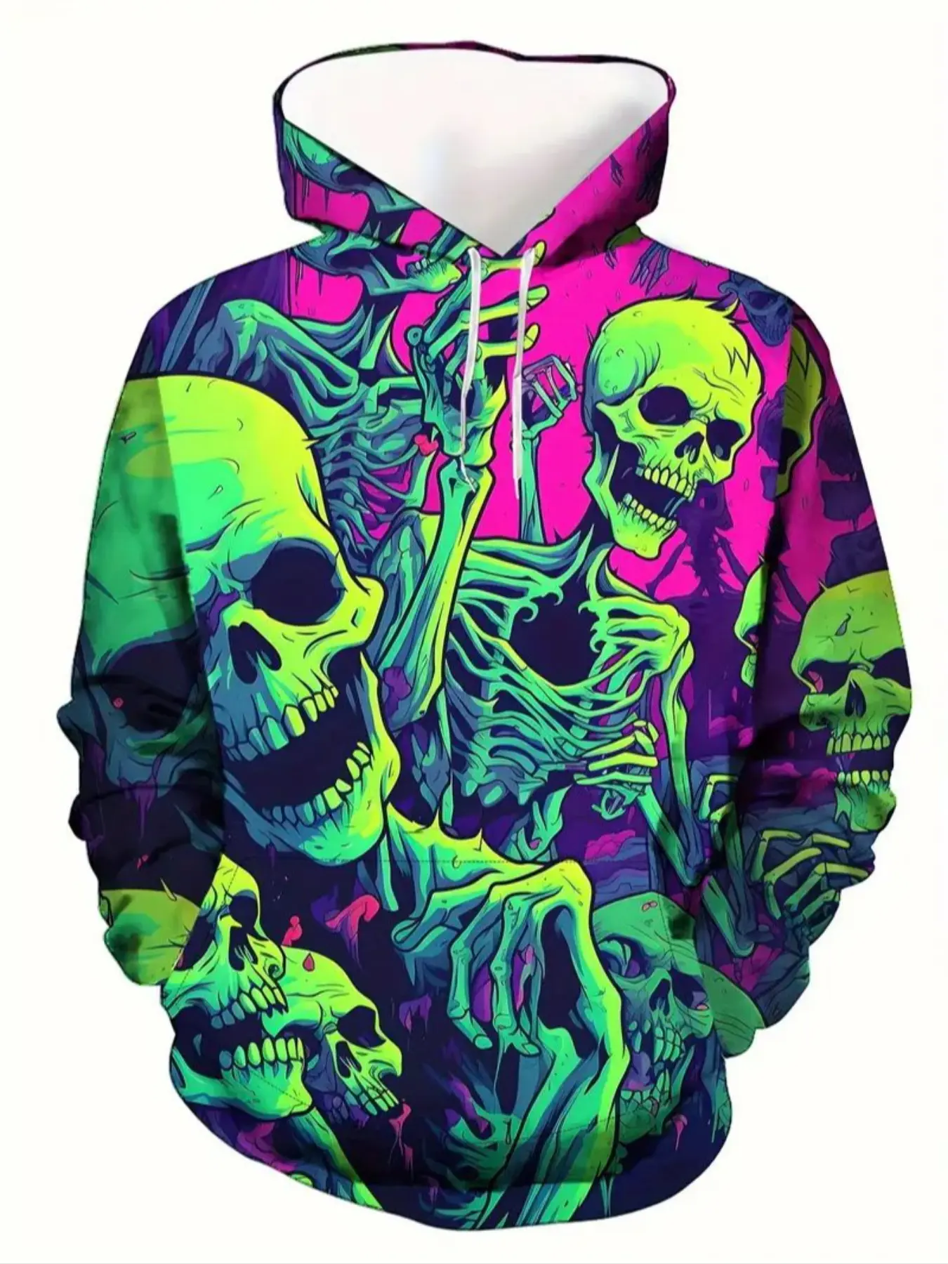 Men's Neon Hoodie with 3D Skull Print, Street Style Long Sleeve Pullover Casual Hooded Sweatshirt, Lightweight Knit Elastic Fabric, Halloween