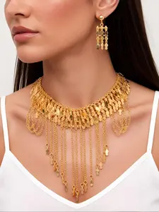 24k Gold Plated Jewelry Set, Elegant Jewelry Set, Tassel Design Copper Wedding Party Accessories, Includes Necklace and Earrings, Valentine's Day Gift, Matching Jewelry Set
