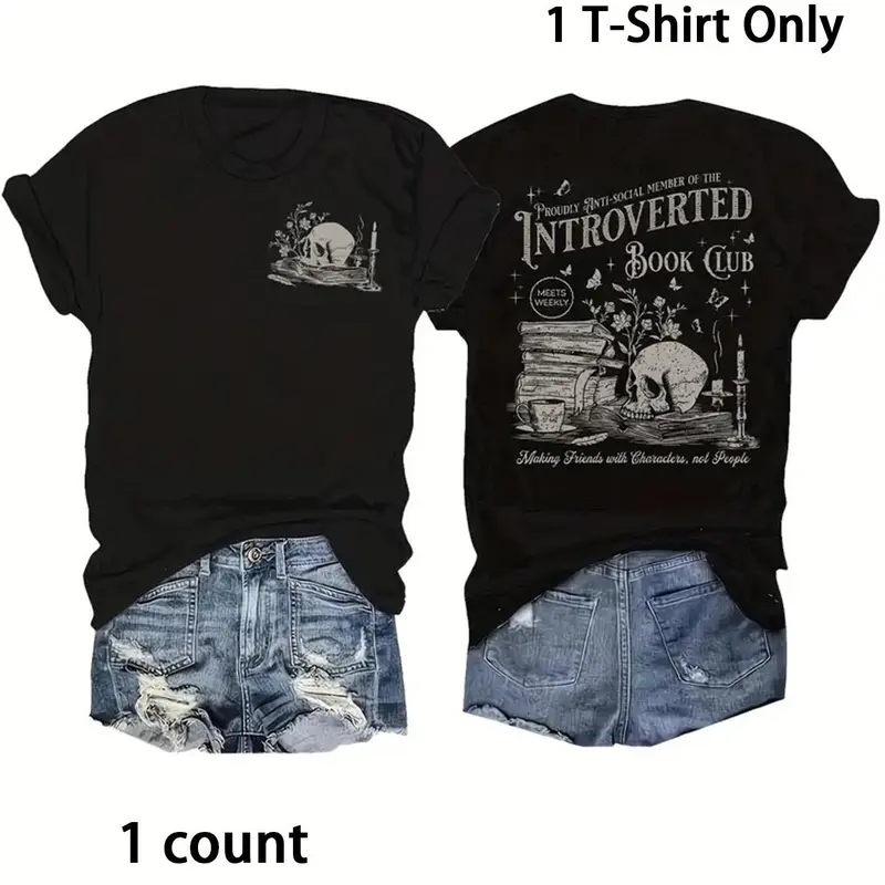 Women's Skull & Letter Print Round Neck Graphic Tee, Casual Slim Fitting Vintage Trendy Casual Fitted Short Sleeve T-shirt for Daily Wear, Ladies All Seasons Outfit, Womenswear