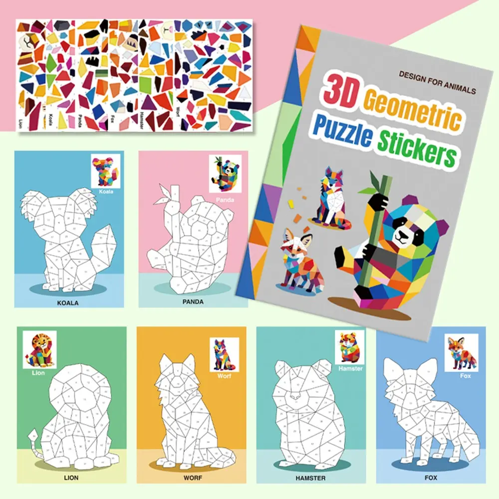 Children 3D Geometric Puzzle Stickers, Creative Cartoon Animal Sticker Puzzle, Portable Quiet Busy Handmade Collage Sticker Book, DIY Craft Sticker Toy Gifts for Kids