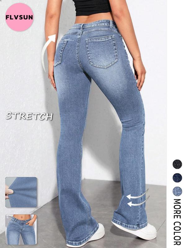 Flvsun- Women's Bell Bottom Jeans Low Waist Classic Stretch Flared Jeans Denim Bell Bottom Pants  Mom Jeans  90s Outfits  Low Rise Flared Jeans