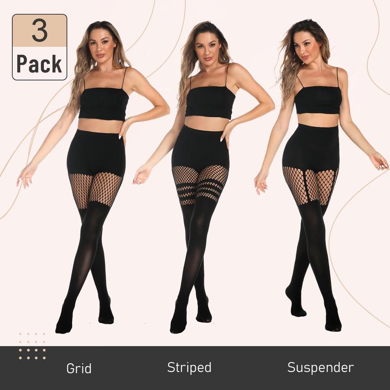 TIVIRA Mock Thigh High Stockings For Women SexyFishnet Tights Suspender Pantyhose 3 Pairs Lace Costume Tights Womenswear Socks Illusion Stockings Leg Lengthening Magic