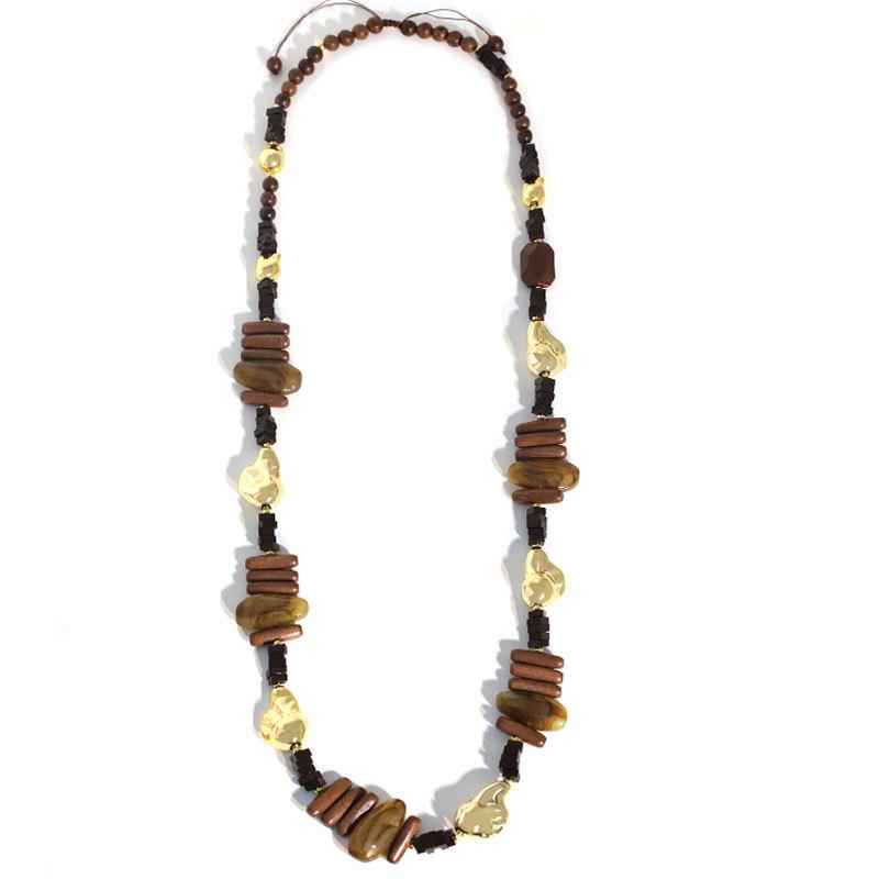 New vintage and laid-back Bohemian style wooden flat bead shiny irregular color long necklace