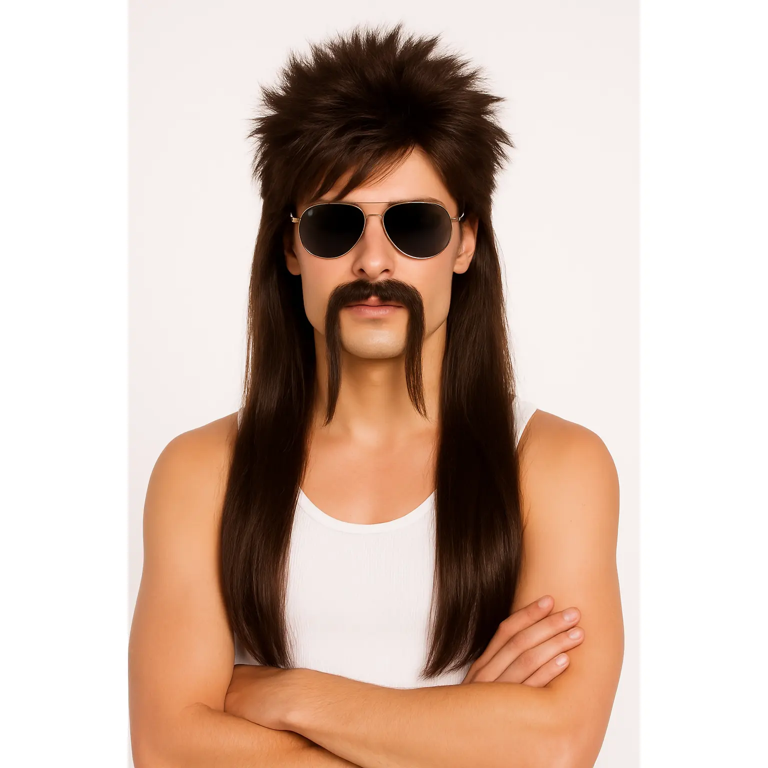 Brown 18 Wheeler Mullet Wig & Mustache Kit