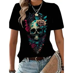 Women'S Casual Crew Neck T-Shirt With Floral Skull Print,Unisex T-shirts M-5XL