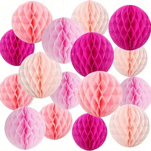 16 PCS 8-Inch Pink Hanging Honeycomb Paper Lantern Decor - 3D Wall Flower Arrangement for Birthday, Graduation, Wedding Parties & Mall, Classroom, Bedroom Backdrop