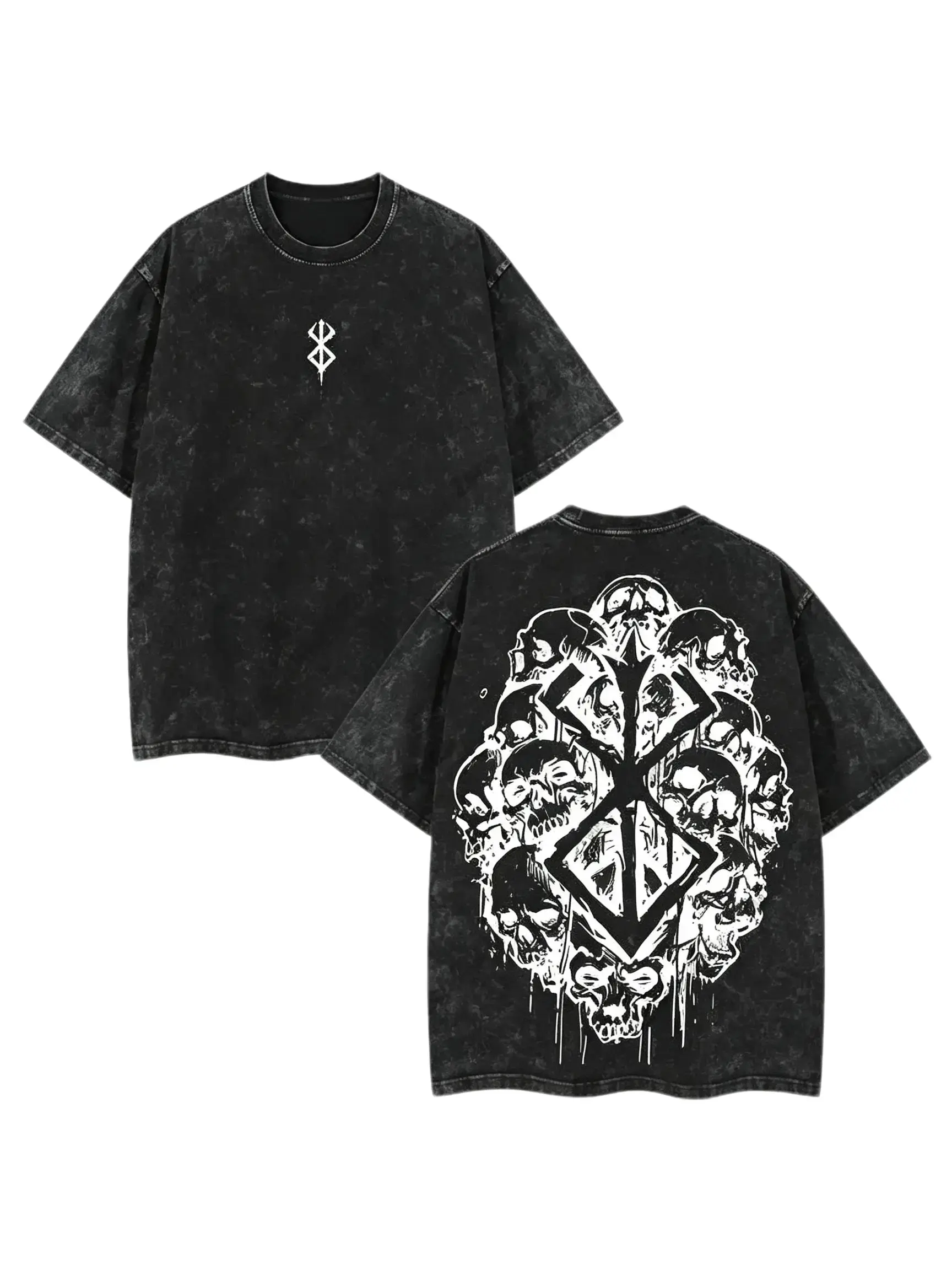 [BT] Vintage Washed Grey Skull Berserk Symbol Oversized T Shirt, Gothic Grunge Dark Anime Streetwear Short Sleeve Tee Men Distressed Loose Fit Graphic Top, ,manga skull top,alternative men clothing,grunge berserk print