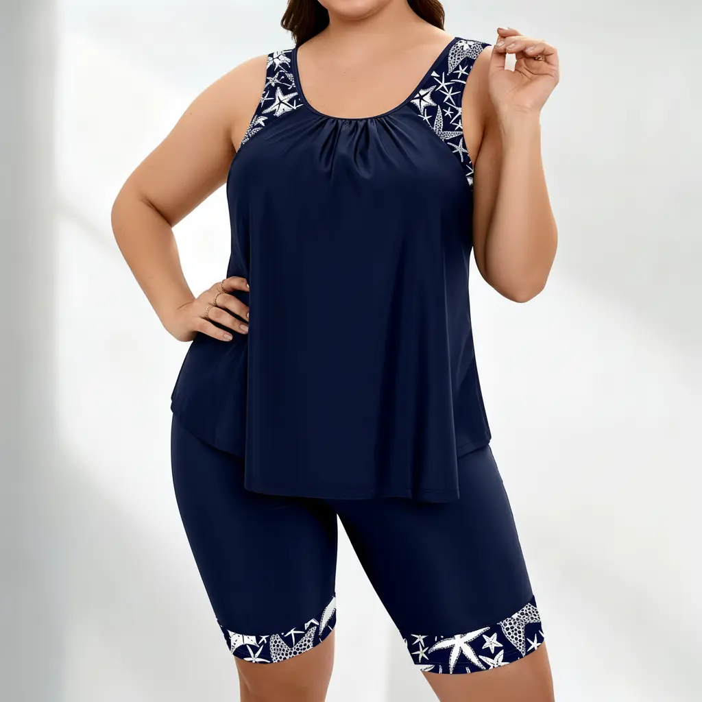 Women's Plus Size Navy 3XL Tankini Swimsuit Set - Flowy Gathered Top with Ocean Print Trim, Full Coverage Boy Shorts, 4-Way Quick Dry Stretch Fabric for Pool, Curvy Beach Ootd Activewear