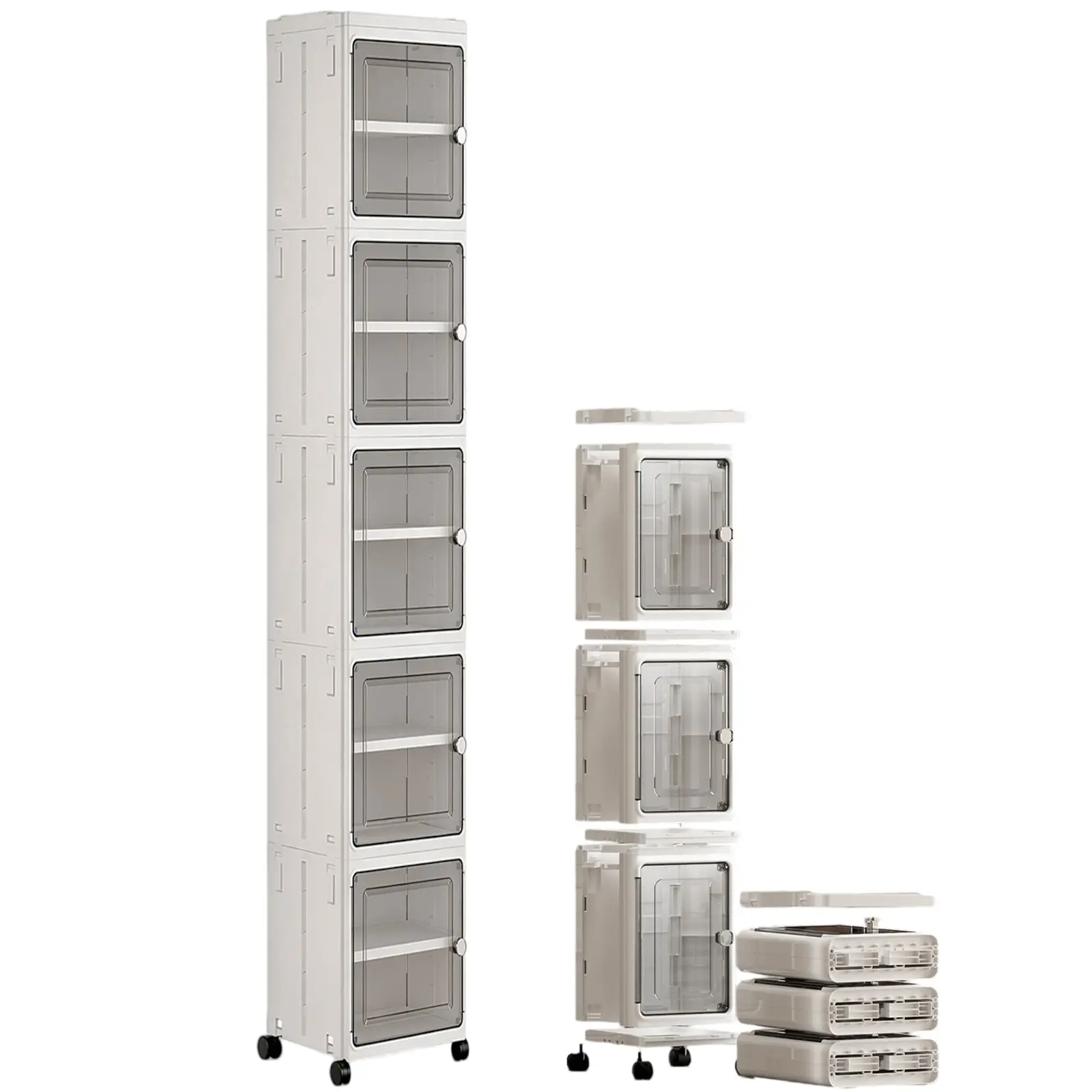 White Plastic 5-Tier Collapsible Storage Organizer With Wheels And Lids, Stackable Storage Bins For Dorm, Living Room & Household Room Organization