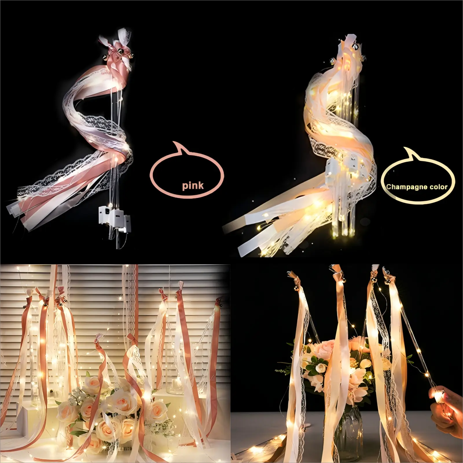 30 Pieces Mixed Color Wedding Light Up Silk Fairy Wand with 3 Colorful Glitter Patterns, LED Silk Fairy Wand Wedding Decoration with Bells for Weddings, New Year's, Concerts, Holiday Decorations (Champagne + Pink)
