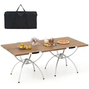 COSTWAY - 2 Pack Folding Camping Table with Wood-grain Tabletop for Hiking Party-Natural