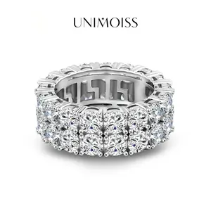 UniMoiss Delazzad Round VVS Moissanite Double Row Eternity Hip Hop Ring Romantic Jewelry for Wedding Engagement Anniversary Gift Daily Wear