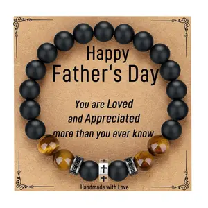 Men's Beaded Bracelet Gift for Dad, Natural Tiger Eye & Matte Black Onyx Stone Bracelet with Cross Charm, Sentimental Father's Day Gift for Husband/Father