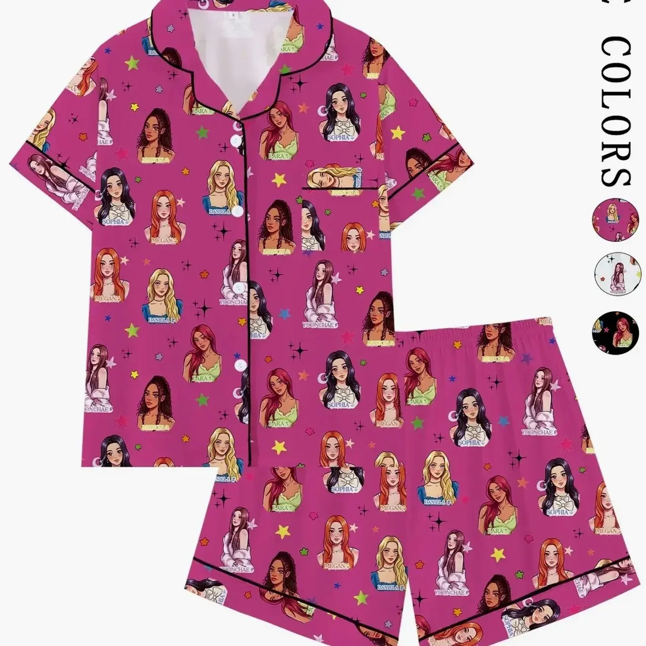 Women's Korean Style Cartoon Print Pajama Set, Short Sleeve Open Front Two-Piece Sleepwear, Loose-Fitting Casual Home Clothes, Loungewear, Gift for Fans, Matching Pj Set