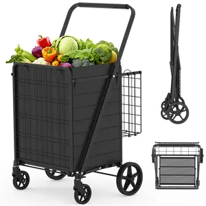 Large Shopping Cart,Grocery Cart on Wheels, Foldable Utility Shopping Carts with Double Basket and 360° Rolling Swivel Wheels for Groceries Laundry