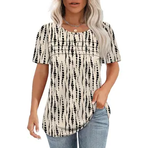 Womens T Shirts Short Sleeve Tops Dressy Casual Blouses Spring Summer Outfits Flowy Pleated Front Scooped Neck
