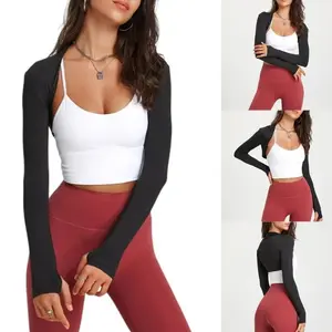Women’s long-sleeve shrug cardigan, open-front cropped cardigan—versatile sports crop top for yoga, running, and gym