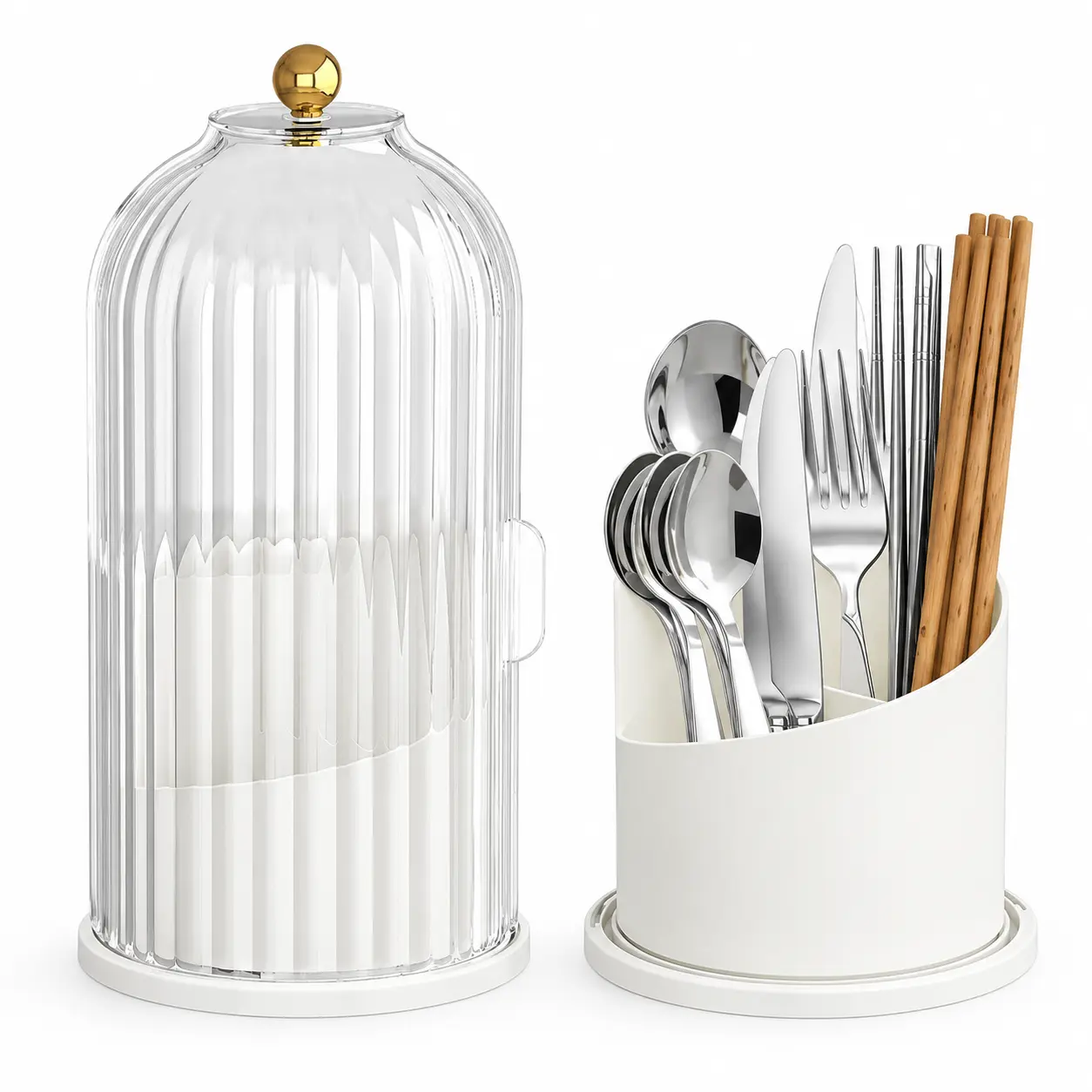360° Rotating Kitchen Utensil Holder with Dustproof Cover, 3-Compartment Countertop Organizer for Spoons, Chopsticks, Forks & Knives