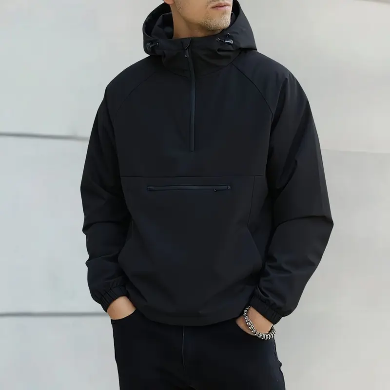 Men's Beige Trendy Zip-Up Hoodie - Medium Size, Long Sleeves, Zippered Patch Pockets, Spring & Autumn Casual Outdoor Top, Comfortable Stylish Menswear