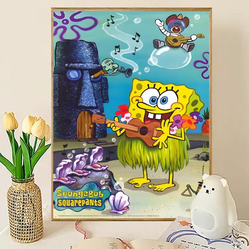 Animated Cartoon S-Sponge-Bob Poster Sticky Wall Art Printing Waterproof Modern Aesthetic Home Living Bedroom Decor Trendy Room Decoration Gift Durable High Quality