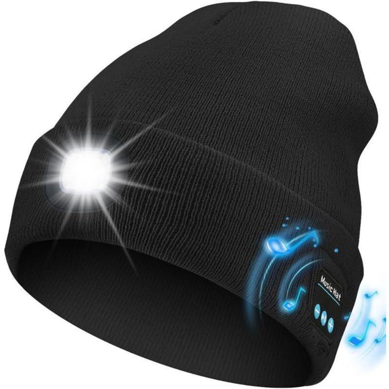 Bluetooth Beanie with a Light, Unisex USB Rechargeable 4 LED Fashlight Hat with Cordless Headphones, Unique Christmas Birthday Gifts for Men Him Husband Teen