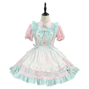 Anime S-5XL Sweet Cute Lolita Maid Dress Cosplay Costume Pink Blue Girl Woman Maid Dress Party Coffee Shop Costumes Rainbow Girl