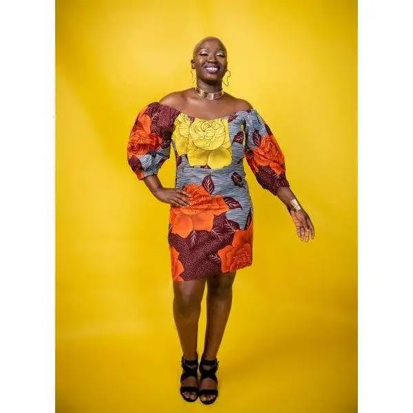 Eliza African Print women Stretch Midi Dress (GREY, YELLOW, ORANGE LEAVES)